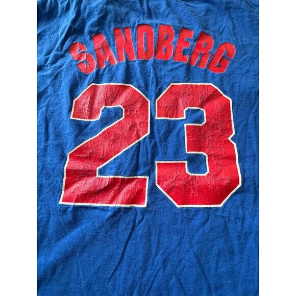 Ryne Sandberg Blue T SHIRT Jersey Chicago Cubs #23 Adult Measured Cooperstown - Picture 10 of 11